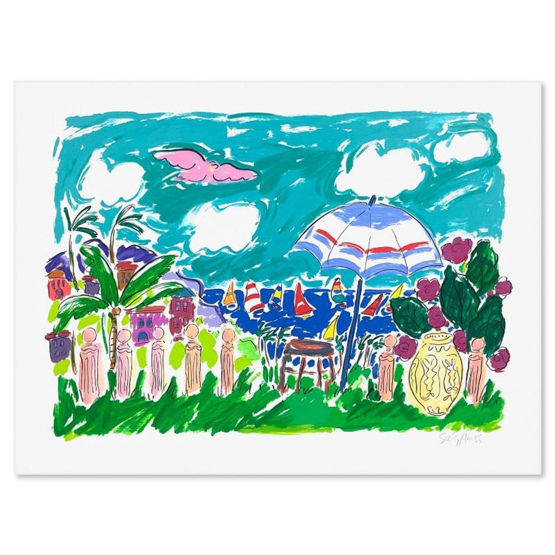 Sally Huss, "Umbrella" Limited Edition Printer's Proof Serigraph, Hand Signed with Letter of: Umbrella is a limited edition printer's proof serigraph on paper by Sally Huss, hand signed by the artist. Includes Letter of Authenticity. Measures approx. 30" x 40" (border), 24" x 36" (image). Refe