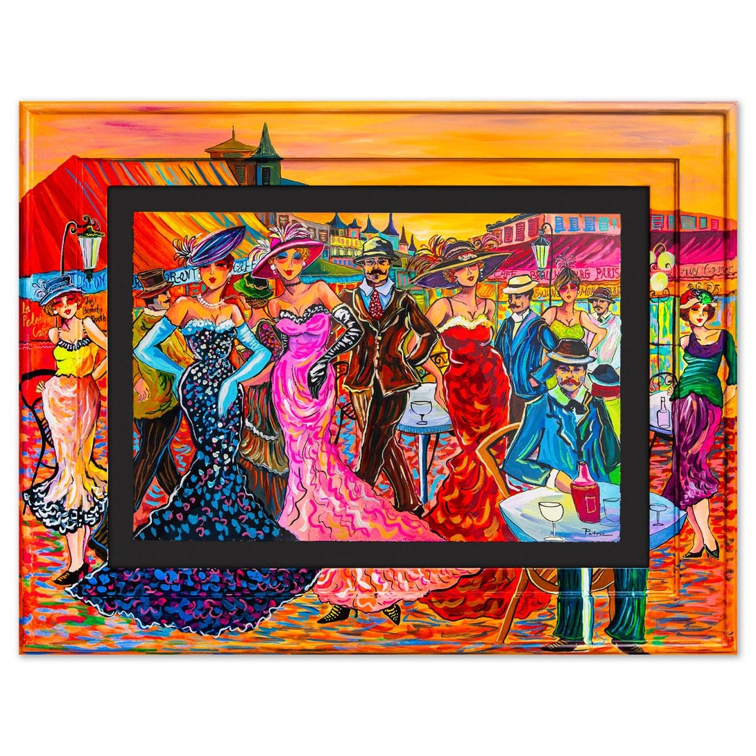 Patricia Govezensky- Original Watercolor with Hand Painted Frame "Afternoon on the Boulevard": Artist: Patricia Govezensky. Medium: Original Watercolor with Hand Painted Frame. Title: Afternoon on the Boulevard. Size: 15" x 22". Measures approx. 25" x 33" (framed). Signature: Hand Signed by
