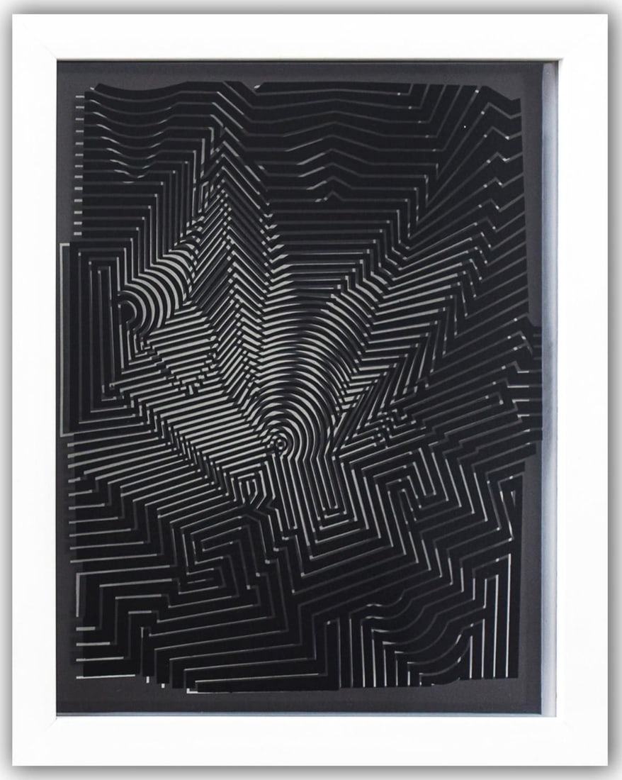 Victor Vasarely- 3D Wall Sculpture/object "Cinetiques": Artist: Victor Vasarely. Medium: 3D Wall Sculpture/object. Title: Cinetiques. Size: 11" x 9". Measures approx. 13" x 10.5" (framed). Additional: Custom Framed. 2 layers- Top layer printed on clear Luc