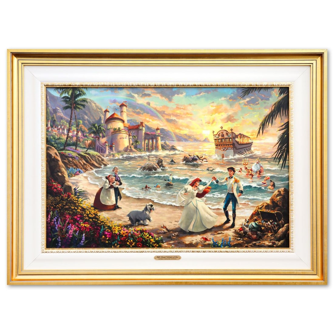 Thomas Kinkade- Hand Embellished Giclee on Canvas "Little Mermaid Celebration of Love": Artist: Thomas Kinkade. Medium: Hand Embellished Giclee on Canvas. Title: Little Mermaid Celebration of Love. Size: 17" x 26.5". Measures approx. 25.5" x 34.5" (framed). Signature: Hand signed and