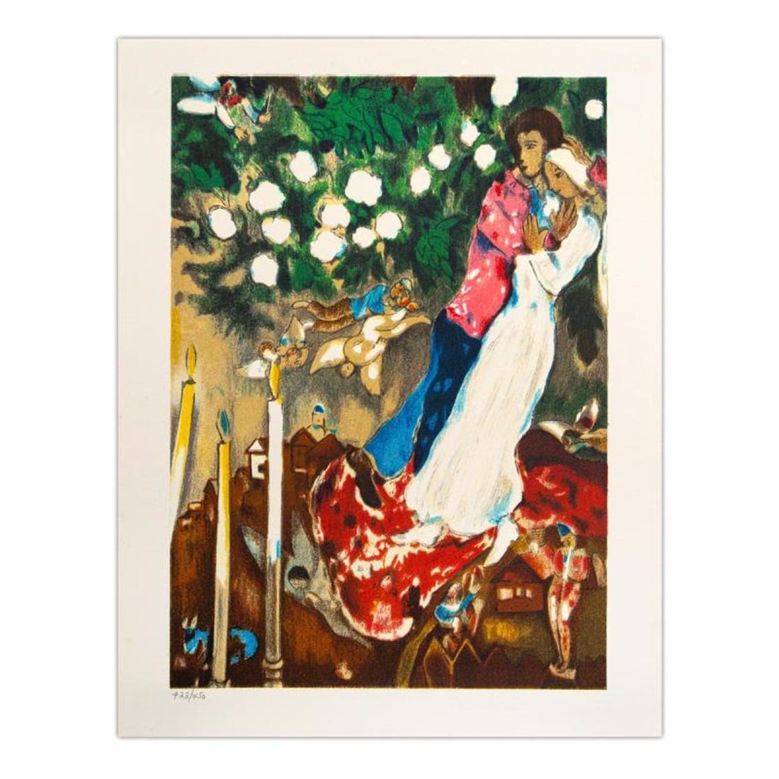 Marc Chagall (1887-1985), "Les Trois Cierges" Limited Edition Lithograph with Letter of: Les Trois Cierges is a limited edition lithograph on paper by Marc Chagall (1887-1985) authorized by the Chagall Estate and ADAGP Paris. The piece is plate signed and comes with a letter of authentici