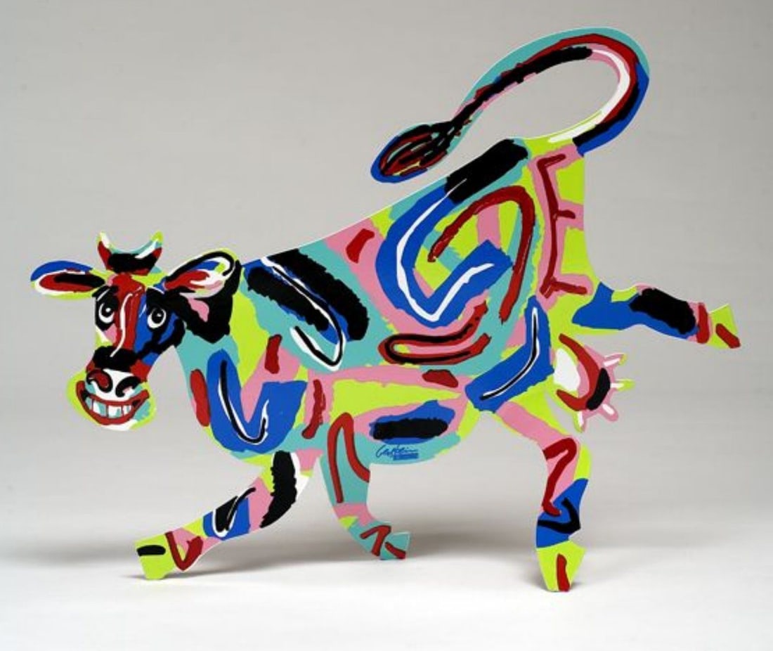 David Gerstein- Free Standing Sculpture "Elza Cow": Artist: David Gerstein. Medium: Free Standing Sculpture. Title: Elza Cow. Size: 11.8" x 14.1". Signature: Signed by the artist. Certificate of Authenticity: Is included. Additional: This piece is free