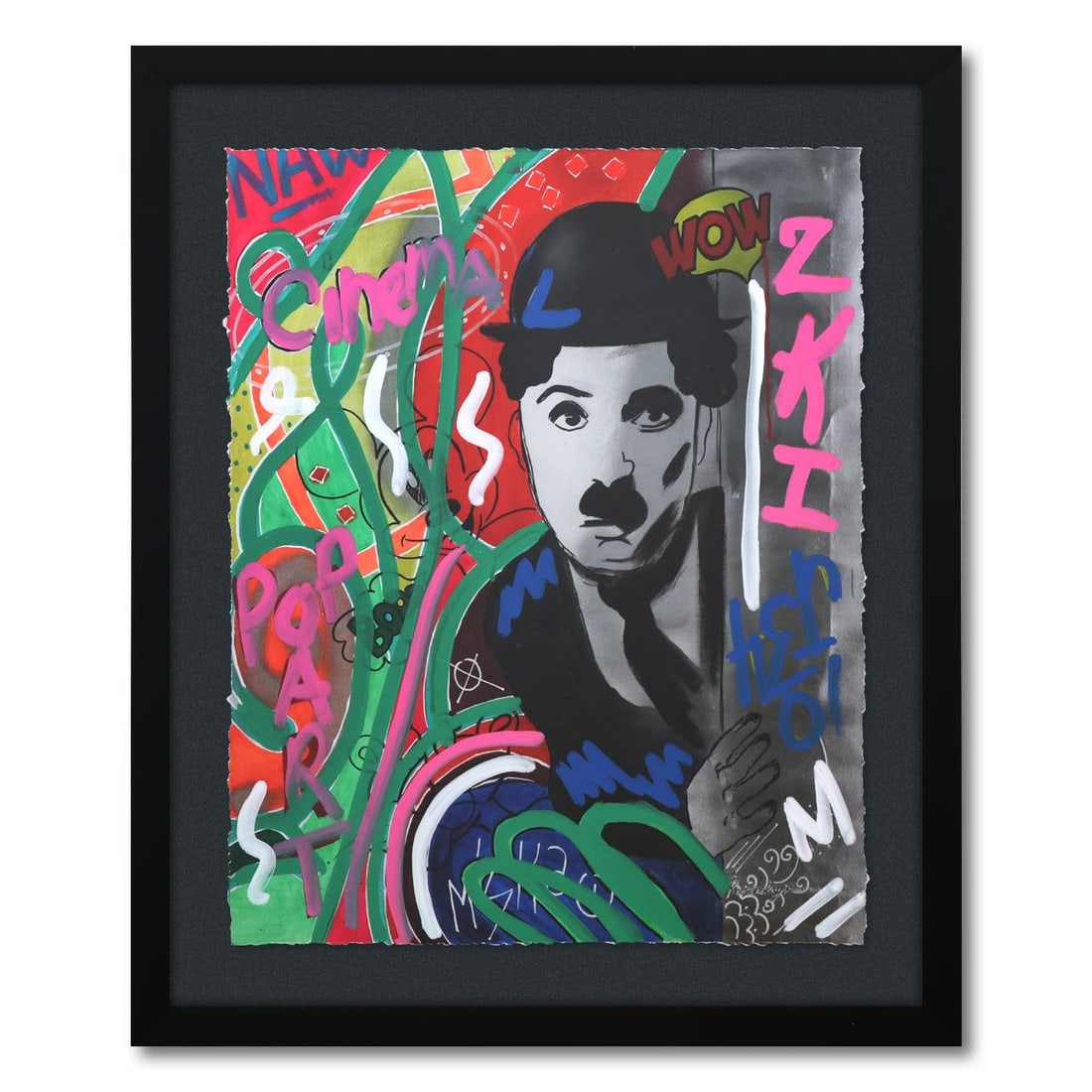 Nastya Rovenskaya- Mixed Media on Paper "Chaplin Is Hiding": Artist: Nastya Rovenskaya. Medium: Mixed Media on Paper. Title: Chaplin Is Hiding. Size: 28" x 23". Measures approx. 35" x 30" (framed). Signature: Hand Signed. Certificate of Authenticity: Is include