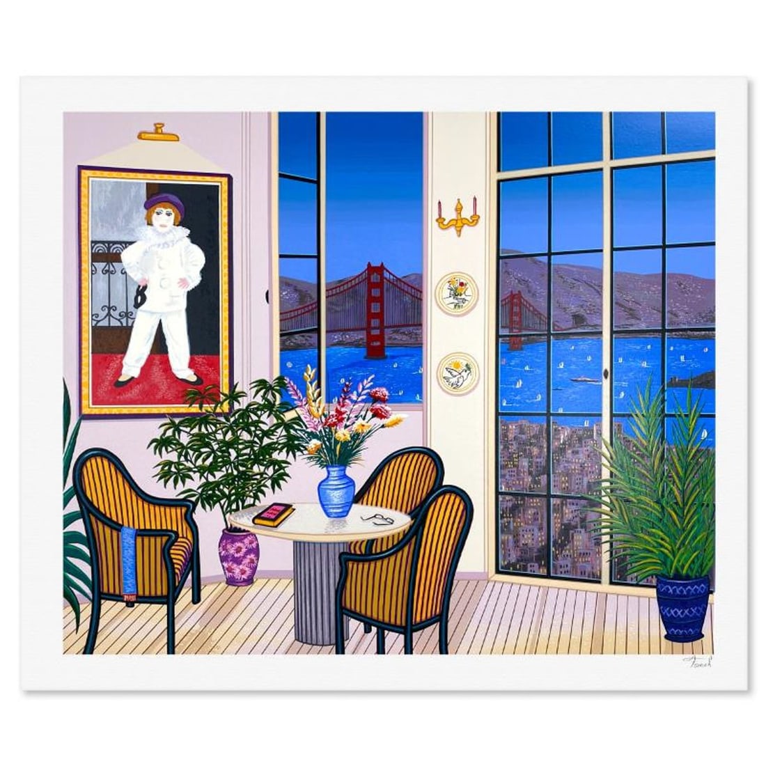Fanch Ledan, "Penthouse Over the Bay" Limited Edition Serigraph, AP Numbered and Hand Signed with: Penthouse Over the Bay is a limited edition serigraph on paper by Fanch, AP numbered and hand signed by the artist. Includes Letter of Authenticity. Measures approx. 20" x 23.5" (border), 17.5" x 21" 