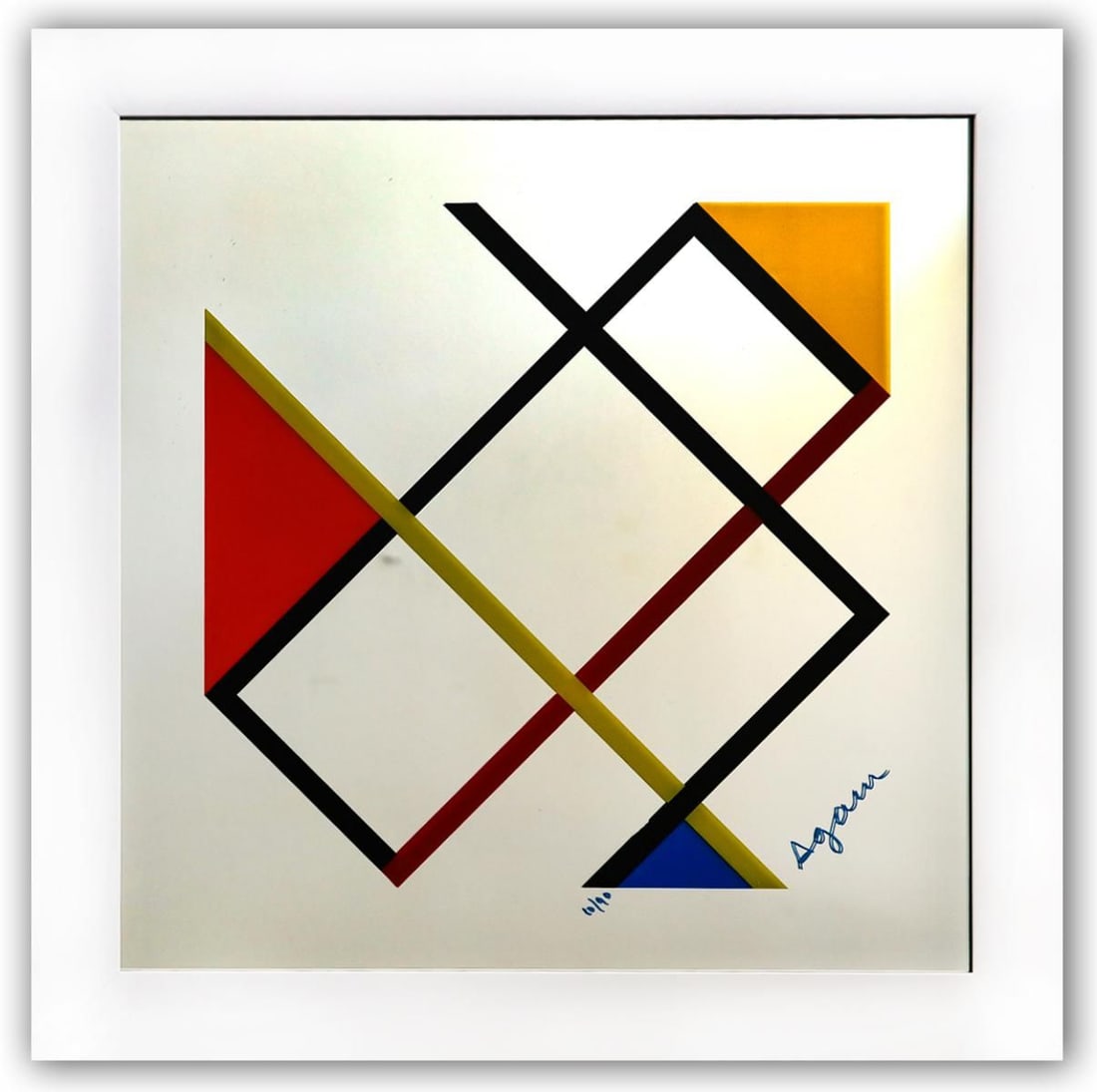 Yaacov Agam- Color Serigraph with Pigments on Glass Mirror "Homage to Mondrian": Artist: Yaacov Agam. Medium: Color Serigraph with Pigments on Glass Mirror. Title: Homage to Mondrian. Size: 28" x 28". Measures approx. 34" x 34" (framed). Signature: Hand Signed and Numbered by the 