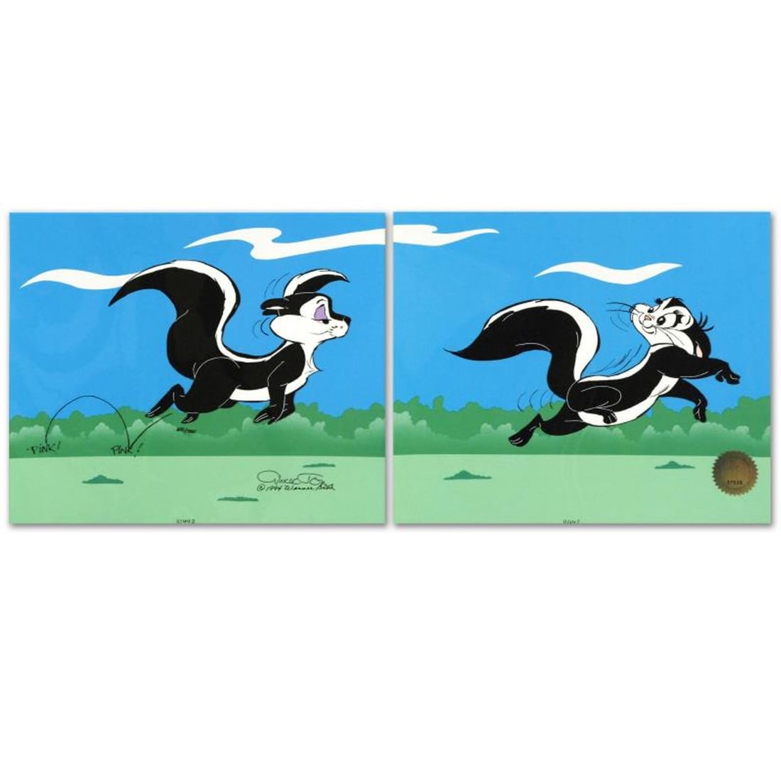 Le Pursuit by Chuck Jones (1912-2002). Hand Painted Animation Cel Diptych Limited Edition. Numbered: Own this amazing 2 part piece based on the original line image hand drawn and hand-inked on paper by Mr. Jones! "Le Pursuit" is an animation cel diptych with hand painted coloring on sericel outline f