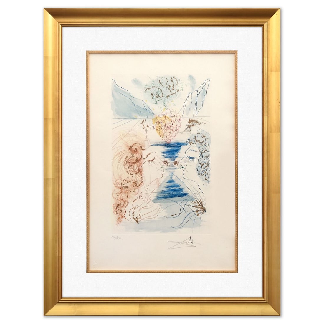 Salvador Dali- Original Lithograph "The Kiss": Artist: Salvador Dali. Medium: Original Lithograph. Title: The Kiss. Size: 22" x 15". Measures approx. 30" x 26" (framed). Signature: Hand signed and numbered. Certificate of Authenticity: Is included