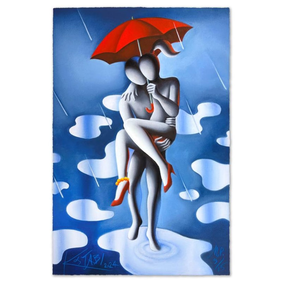Mark Kostabi, "Being There" Limited Edition, MP Numbered 9/15 and Hand Signed with Letter of: Being There is a limited edition giclee on paper by Mark Kostabi, MP numbered 9/15 and hand signed by the artist. Includes Letter of Authenticity. Measures approx. 26" x 17" (image).