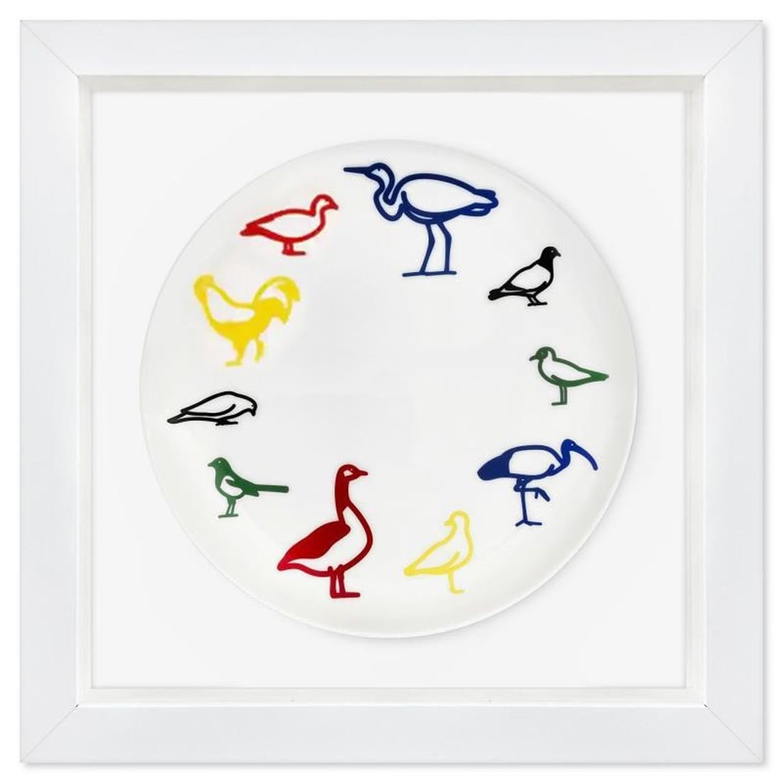 Julian Opie, "Birds" Framed Limited Edition Fine Bone China Plate.: Birds is a limited edition fine bone china plate by Julian Opie. This plate is custom framed and floated on linen. Measures approx. 15.5" x 15.5" (frame), 10.5" (plate diameter). This item requires sp