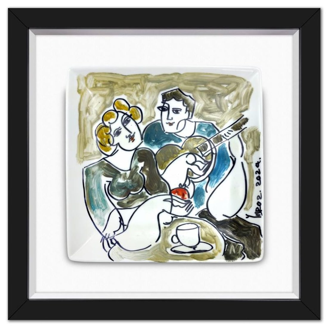Yuroz, Framed Hand Painted Ceramic Plate, Hand Signed with Letter of Authenticity.: This is a hand painted ceramic plate by Yuroz, hand signed by the artist. This piece comes custom framed floated on linen. Includes Letter of Authenticity. Measures approx. 15.5" x 15.5" (frame), 10" 