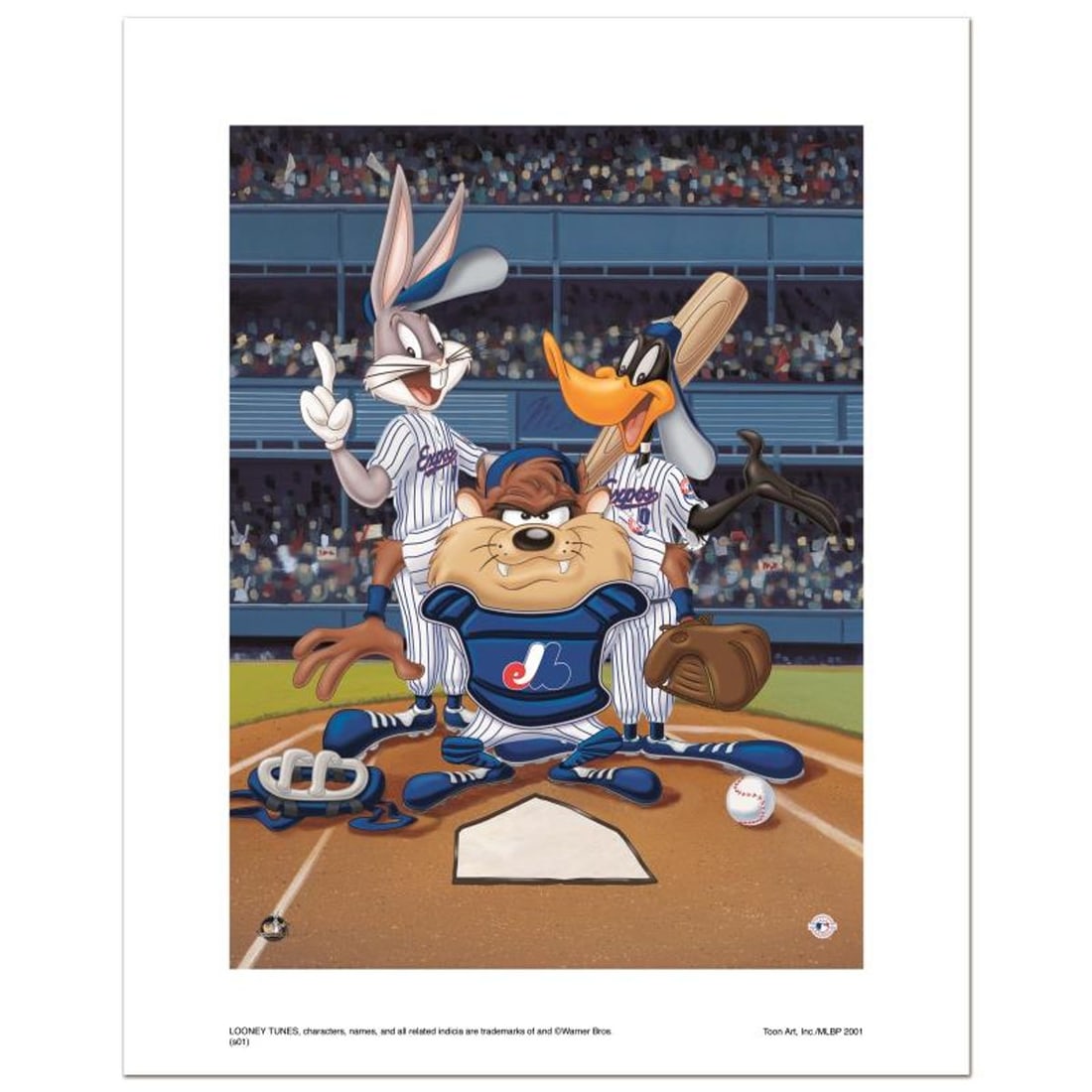 At the Plate (Expos) Numbered Limited Edition Giclee from Warner Bros. with Certificate of: At the Plate (Expos) is a limited edition giclee on paper from Warner Bros. featuring iconic Looney Tunes characters in Montreal Expos MLB uniforms. It comes numbered, with hologram seal, and a Certif