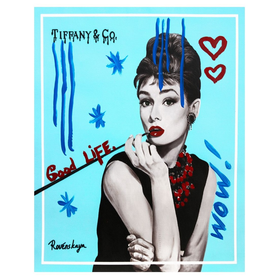 Nastya Rovenskaya- Mixed Media on Canvas "Audrey": Artist: Nastya Rovenskaya. Medium: Mixed Media on Canvas. Title: Audrey. Size: 20" x 16". Signature: Hand signed. Certificate of Authenticity: Is included. Reference#: 49402.