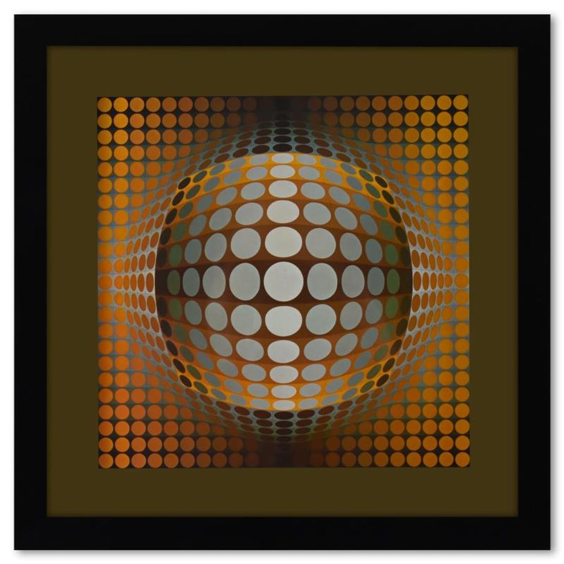 Victor Vasarely (1908-1997), "Vega - Zett - 2 de la serie Structures Universelles Du Damier" Framed: Vega - Zett - 2 de la serie Structures Universelles Du Damier is a heliogravure print on paper, published in 1975, by Victor Vasarely (1908-1997). This piece comes custom framed, with a letter of auth