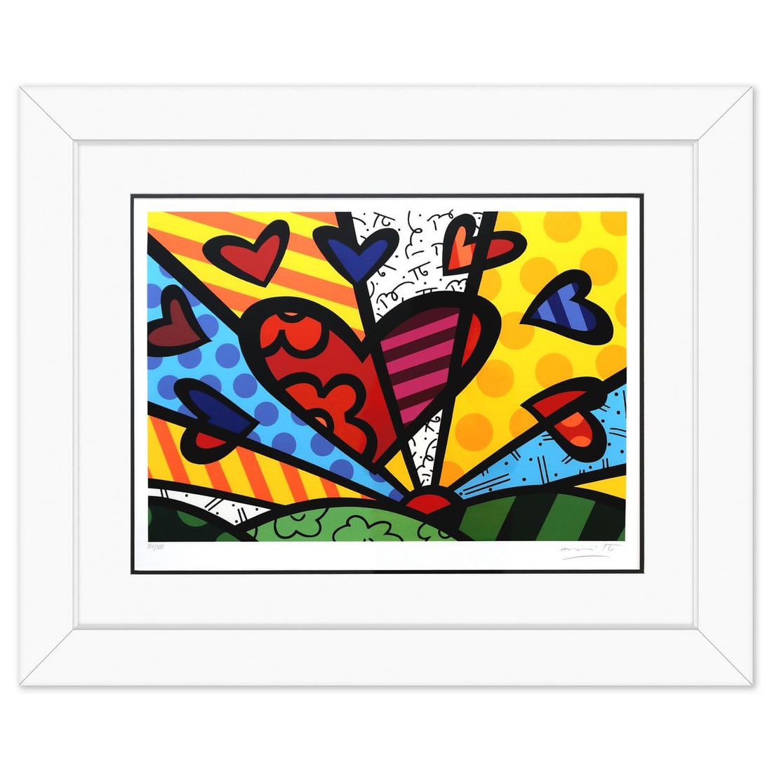 Romero Britto- Serigraph "A New Day": Artist: Romero Britto. Medium: Serigraph. Title: A New Day. Size: 18" x 25". Measures approx. 29" x 36" (framed). Signature: Hand signed and numbered. Certificate of Authenticity: Is included. Additio