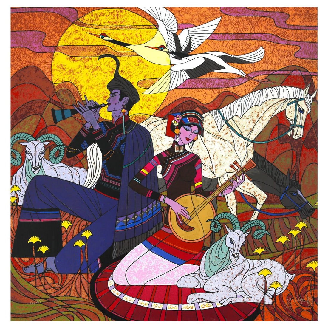Zu Ming Ho- Silkscreen "In the Year of the Ram": Artist: Zu Ming Ho. Medium: Silkscreen. Title: In the Year of the Ram. Size: 24" x 24". Signature: Hand signed and numbered. Reference#: 74849.