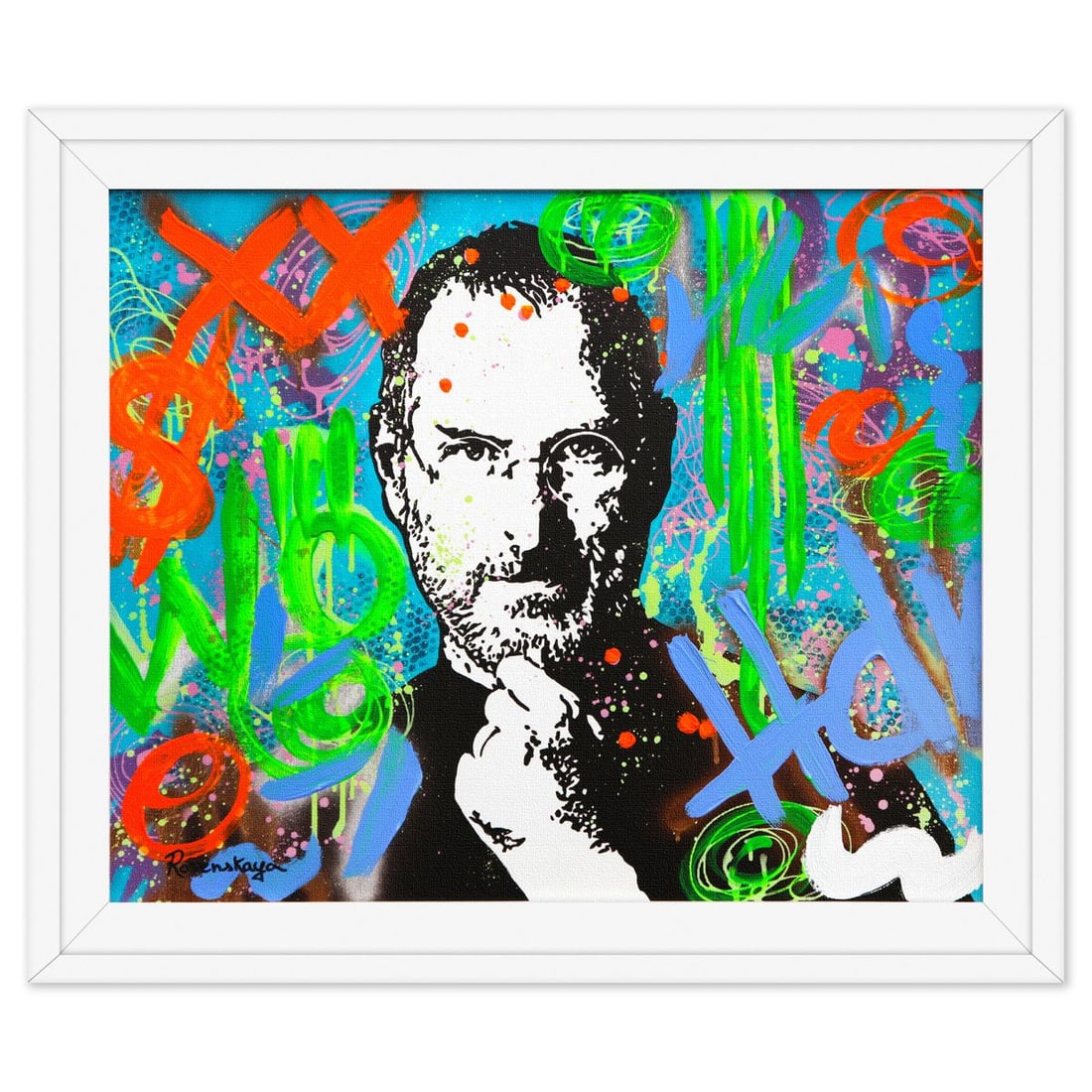 Nastya Rovenskaya- Original Mixed Media on Canvas "Jobs": Artist: Nastya Rovenskaya. Medium: Original Mixed Media on Canvas. Title: Jobs. Size: 16" x 20". Measures approx. 20" x 23" (framed). Signature: Hand Signed. Certificate of Authenticity: Is included. 