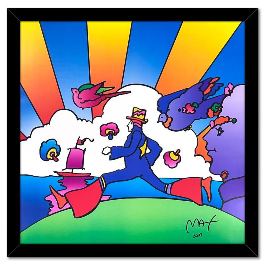 Peter Max, "Cosmic Runner 2000" Framed Hand Signed Offset Lithograph with Letter of Authenticity.: Cosmic Runner 2000 is an offset lithograph on paper by Peter Max, hand signed by the artist. This piece comes custom framed. Includes Letter of Authenticity. Measures approx. 28" x 28" (frame), 24" x 
