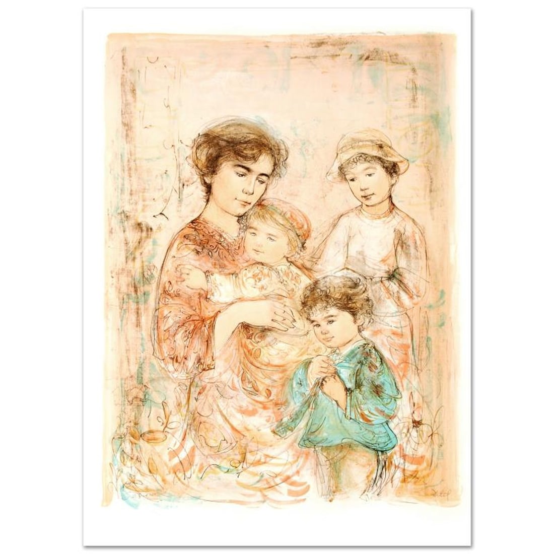 Lotte and Her Children Limited Edition Lithograph (27" x 37.5") by Edna Hibel (1917-2014), Numbered: Lotte and Her Children is a limited edition lithograph on paper, numbered and hand signed by Edna Hibel (1917-2014). Includes Certificate of Authenticity! Measures approx. 30" x 42" (with border), 27"
