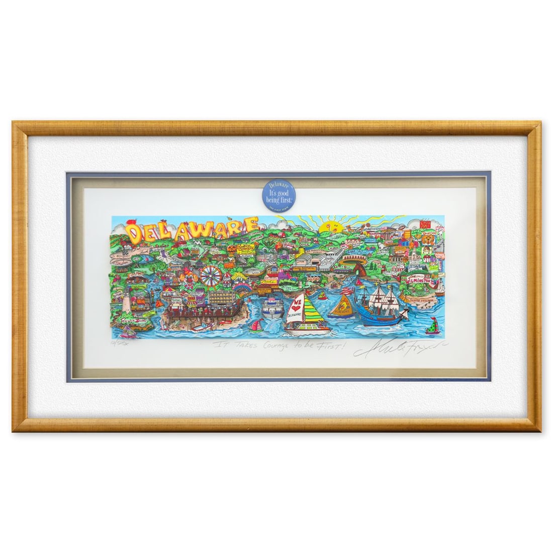 Charles Fazzino- 3D Construction Silkscreen Serigraph "It Takes Courage to be First!": Artist: Charles Fazzino. Medium: 3D Construction Silkscreen Serigraph. Title: It Takes Courage to be First!. Size: 9" x 20". Measures approx. 16" x 28" (framed). Signature: Hand Signed and numbered. C