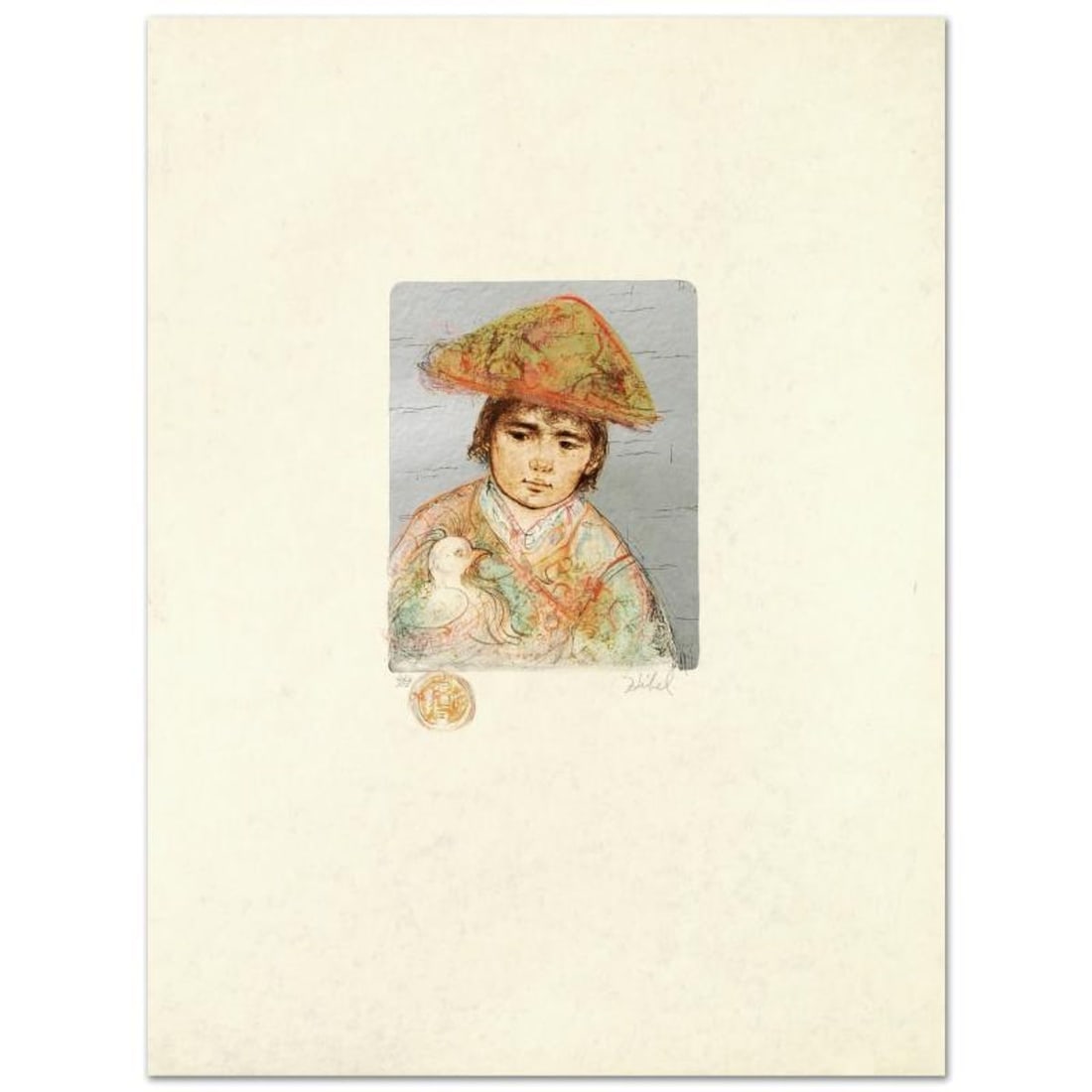 Boy with Chicken Limited Edition Lithograph by Edna Hibel (1917-2014), Numbered and Hand Signed with: Boy with Chicken is a limited edition lithograph on rice paper, numbered and hand signed by Edna Hibel (1917-2014). Includes Certificate of Authenticity! Measures approx. 20" x 27" (with border), 8" x