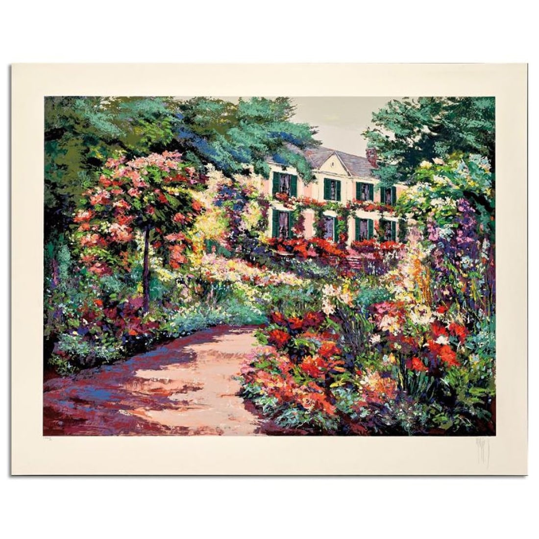 Mark King (1931-2014), "Roses At Giverny" Hand Signed Limited Edition Serigraph with Letter of: Roses At Giverny is a limited edition serigraph on paper by Mark King (1931-2014). Hand signed and numbered, this piece comes with a letter of authenticity and measures approximately 31" x 41" (image)