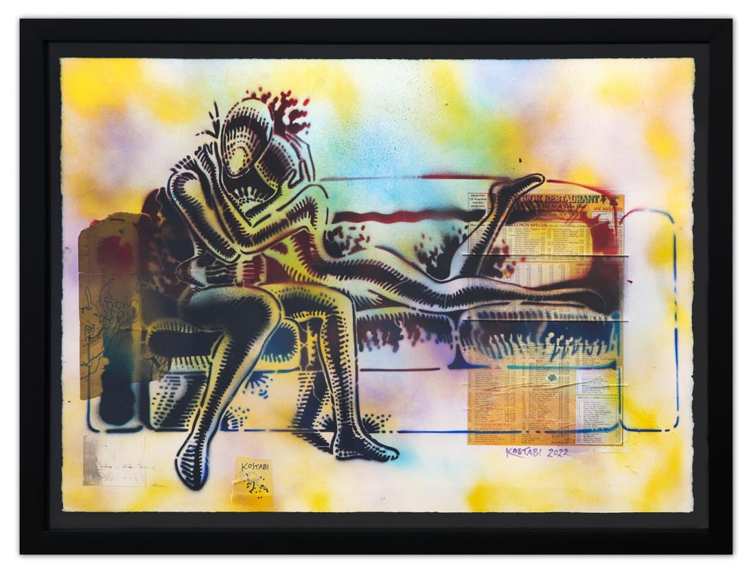 Mark Kostabi- Original Mixed Media on Paper "Ordering In": Artist: Mark Kostabi. Medium: Original Mixed Media on Paper. Title: Ordering In. Size: 30" x 42". Measures approx. 35" x 47" (framed). Signature: Hand Signed by the artist. Certificate of Authenticity