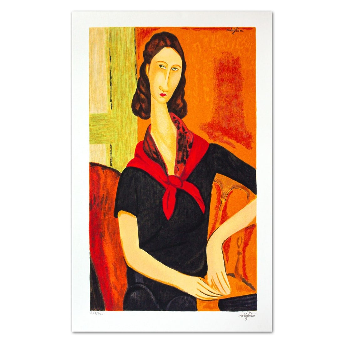 Amedeo Modigliani- Serigraph "Jeanne Hebuterne": Artist: Amedeo Modigliani. Medium: Serigraph. Title: Jeanne Hebuterne. Size: 22" x 13.5". Signature: Stamp signed and numbered. Certificate of Authenticity: Is included. Additional: Printed By the Ate