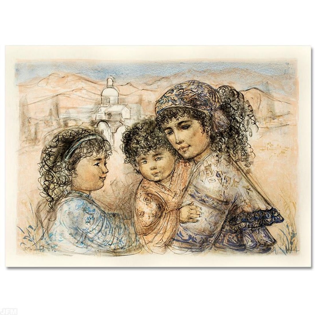 Zalina with Aries and Ande Limited Edition Lithograph by Edna Hibel, Numbered and Hand Signed with: Wild lines and muted colors make Edna Hibel's art stand out in any room. "Zalina with Aries and Ande" is a limited edition lithograph on paper, numbered and hand signed by Hibel. Includes Certificate 