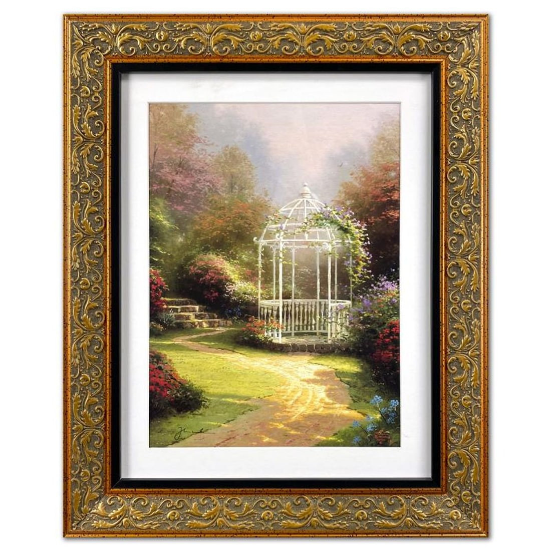 Thomas Kinkade (1958-2012), "Lilac Gazebo" Framed Limited Edition Lithograph, Numbered and Signed: Lilac Gazebo is a limited edition offset lithograph on paper by Thomas Kinkade (1958-2012), numbered and bearing Kinkade's authorized signature. This piece is framed. Measures approx. 23.5" x 19.5" (f