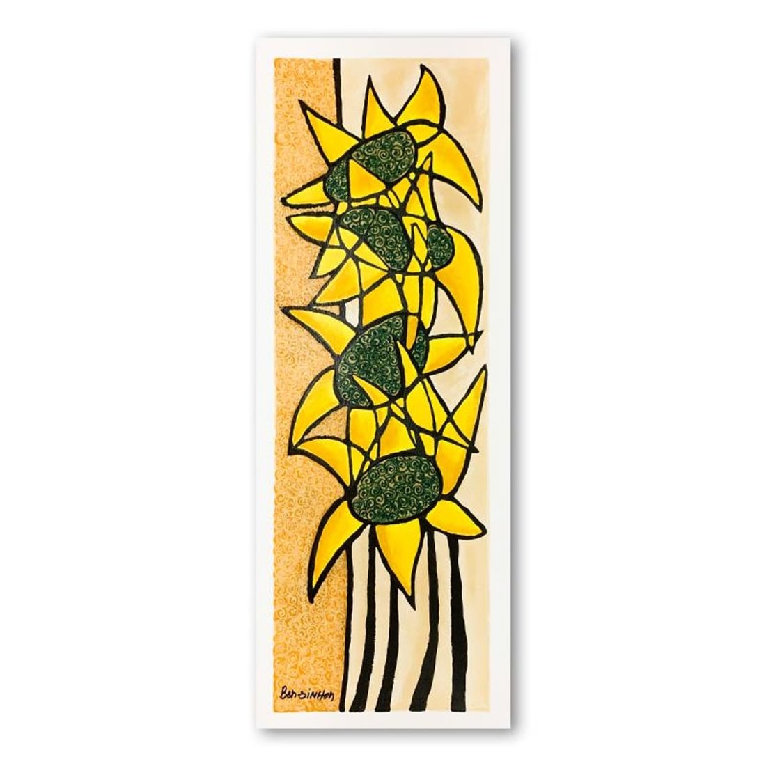 Ben Simhon, "Sunflower Trio" Hand Signed Limited Edition Serigraph on Paper with Letter of: Sunflower Trio is a limited edition serigraph on paper by Ben Simhon. It is numbered and hand signed and includes a letter of authenticity. Measures approximately 8.5" x 26.5" (image). Reference#: 898