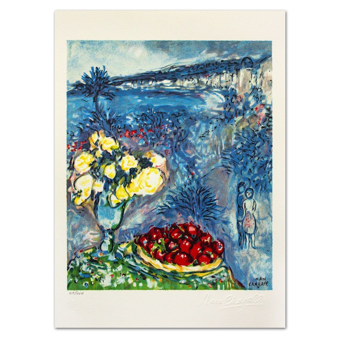 Marc Chagall- Lithograph "Fruits Et Fleurs Devant La Mer": Artist: Marc Chagall. Medium: Lithograph. Title: Fruits Et Fleurs Devant La Mer. Size: 17.5" x 12.5". Signature: Stamp signed and numbered. Certificate of Authenticity: Is included. Additional: Printe