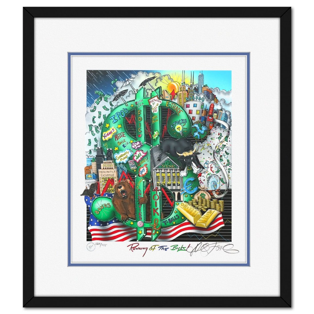 Charles Fazzino- 3D Construction Silkscreen Serigraph "Running of the Bucks!": Artist: Charles Fazzino. Medium: 3D Construction Silkscreen Serigraph. Title: Running of the Bucks!. Size: 15" x 12". Measures approx. 21" x 19" (framed). Signature: Hand signed and numbered. Certific