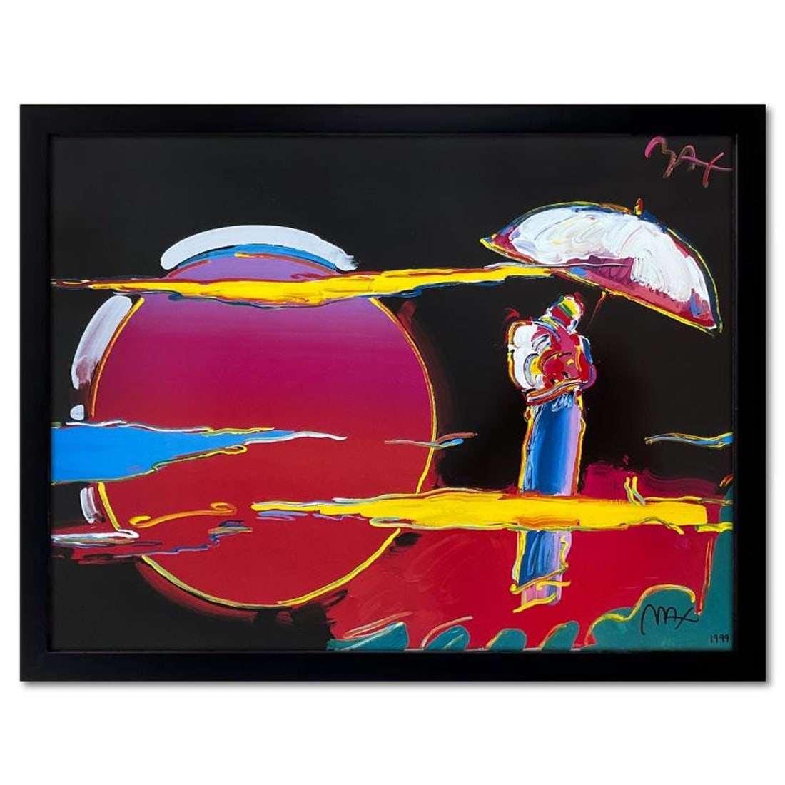 Peter Max, "New Moon" Framed Hand Signed Offset Lithograph with Letter of Authenticity.: New Moon is an offset lithograph on paper by Peter Max, hand signed by the artist. This piece comes custom framed. Includes Letter of Authenticity. Measures approx. 28" x 35.5" (frame), 24" x 31.5" (i