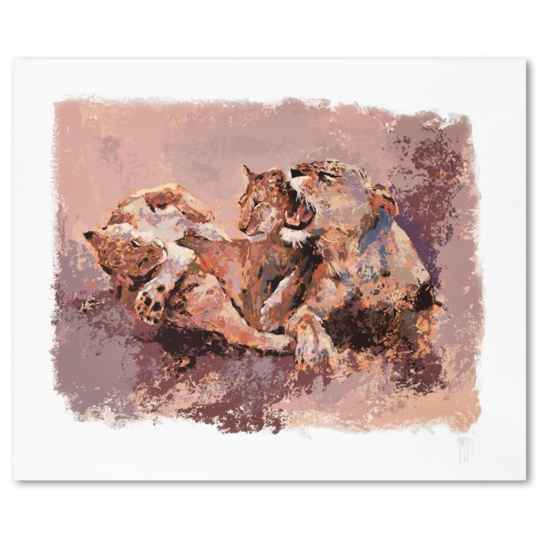 Mark King (1931-2014), "Lioness & Her Cubs" Limited Edition Serigraph, Numbered and Hand Signed with: Lioness & Her Cubs is a limited edition serigraph on paper by Mark King (1931-2014), numbered and hand signed by the artist. Includes Letter of Authenticity. Measures approx. 33" x 40" (border), 26" x