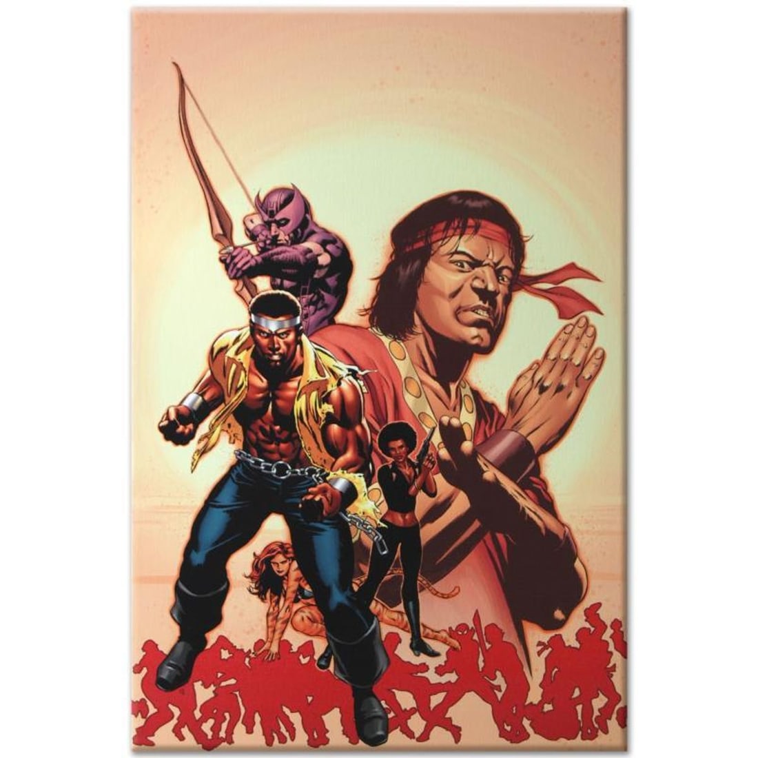 Marvel Comics "House of M: Avengers #2" Numbered Limited Edition Giclee on Canvas by Mike Perkins: A piece of comic book history, this limited edition, from original art by Mike Perkins, depicts the characters Hawkeye, Luke Cage, and Shang Chi. Beginning with Marvel UK, Mike Perkins now regularly c