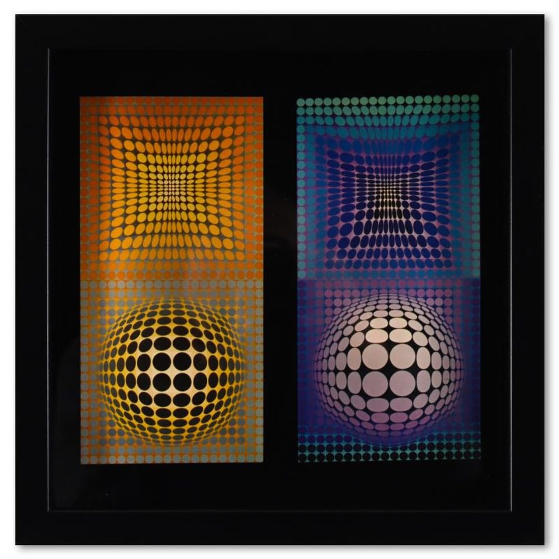 Victor Vasarely (1908-1997), "VP - 118 & VP - 108 de la serie Structures Universelles Du Damier": VP - 118 & VP - 108 de la serie Structures Universelles Du Damier is a heliogravure print on paper, published in 1975, by Victor Vasarely (1908-1997). This piece comes custom framed, with a letter of 