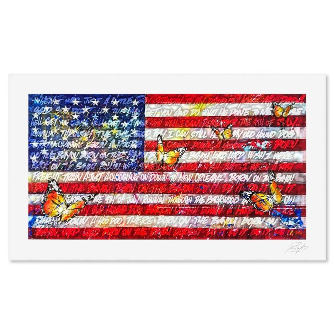 RISK, "Born on the 4th" Limited Edition, Numbered and Hand Signed with Letter Authenticity: Born on the 4th is a limited edition giclee by RISK, numbered and hand signed by the artist. Includes Letter of Authenticity. Measures approx. 18" x 30" (border), 14" x 26" (image). Reference#: 93322.