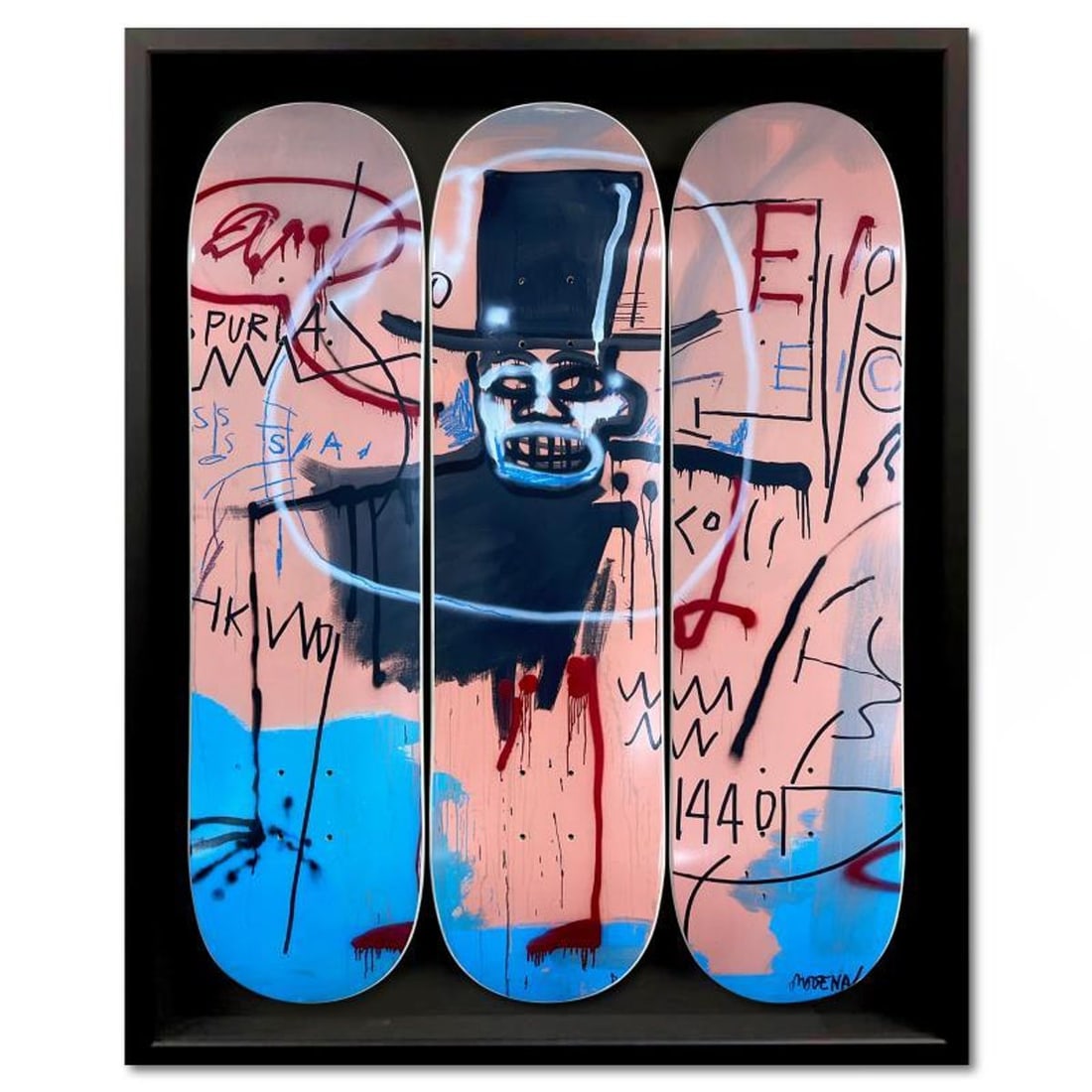 Jean-Michel Basquiat (1960-1988), "The Guilt of Gold Teeth, 1982" Framed Skateboard Triptych, Plate: The Guilt of Gold Teeth, 1982 is a skateboard triptych by Jean-Michel Basquiat (1960-1988), bearing the plate signature of the artist inverso. This triptych comes custom framed. Includes Letter of Aut