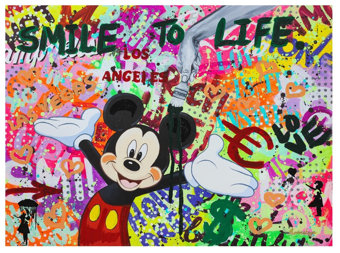 Nastya Rovenskaya- Mixed Media "Party with Mikcey": Artist: Nastya Rovenskaya. Medium: Mixed Media. Title: Party with Mikcey. Size: 30" x 40". Signature: Hand Signed by the artist. Certificate of Authenticity: From the publisher. Reference#: 20773.