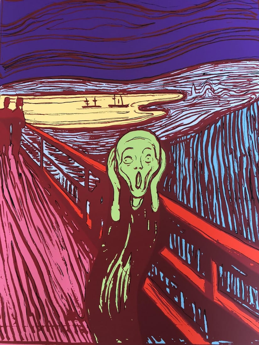 Andy Warhol- Silk Screen "Munch's 'The Scream' - Green": Artist: Andy Warhol. Medium: Silk Screen. Title: Munch's 'The Scream' - Green. Size: 35" x 25". Certificate of Authenticity: From the publisher. Additional: The piece is stamped in blue on the back wi