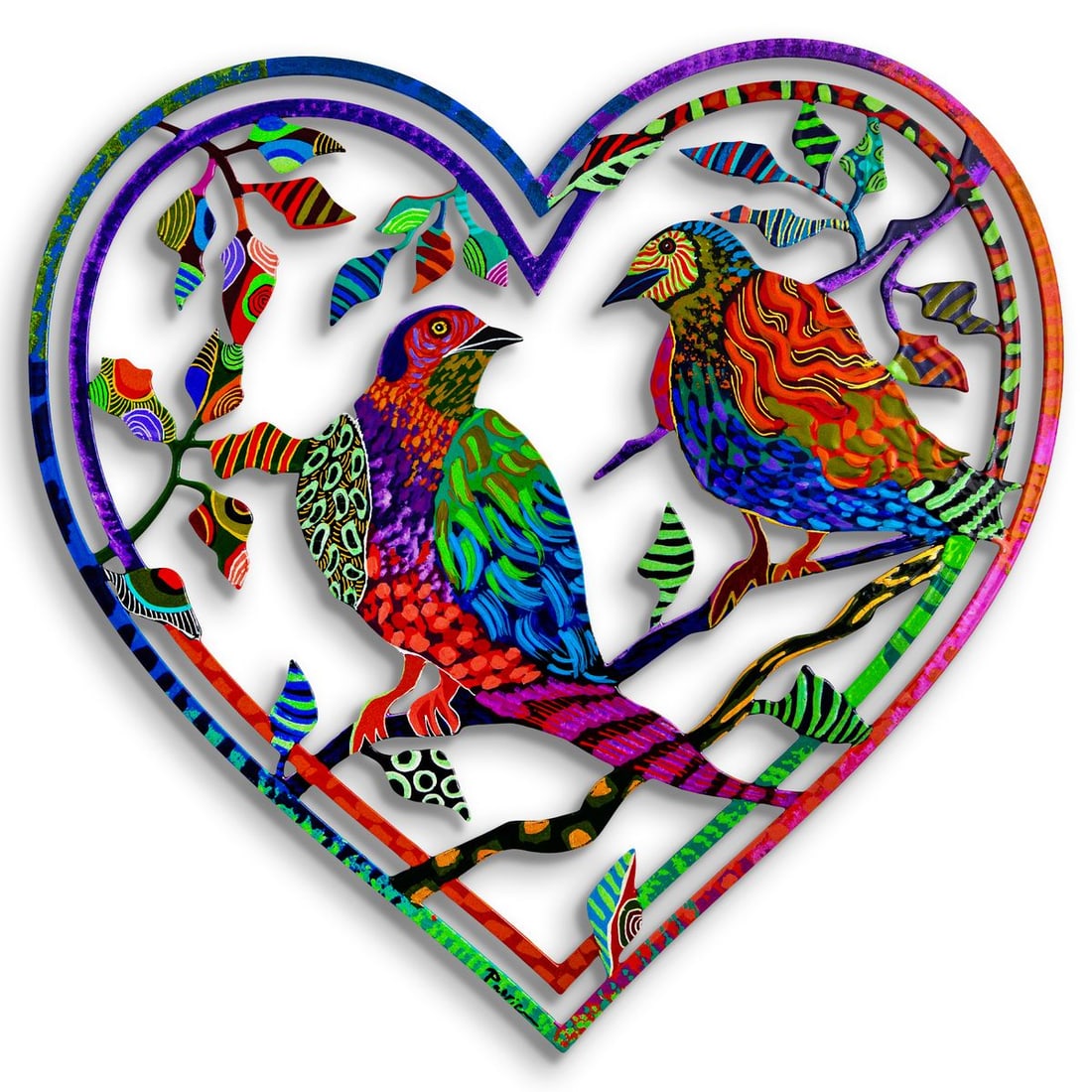 Patricia Govezensky- Original Painting on Laser Cut Steel "Love Birds": Artist: Patricia Govezensky. Medium: Original Painting on Laser Cut Steel. Title: Love Birds. Size: 16" x 16". Signature: Hand Signed by the artist. Certificate of Authenticity: Is included.