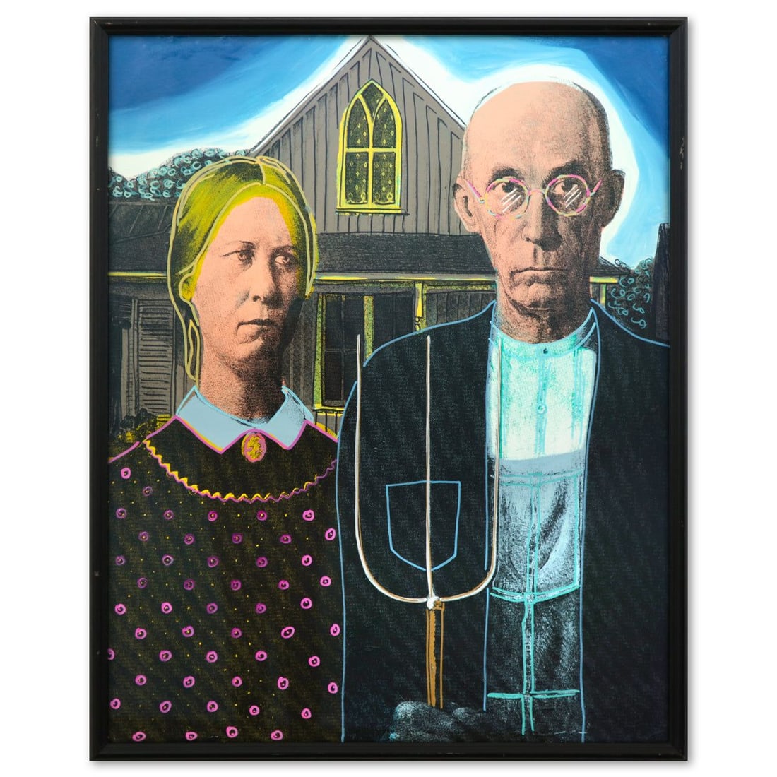 Steve Kaufman- Hand Embellish Limited Edition Silkcreen "American Gothic": Artist: Steve Kaufman. Medium: Hand Embellish Limited Edition Silkcreen. Title: American Gothic. Size: 38" x 30". Measures approx. 41" x 33" (framed). Signature: Hand Signed and Numbered. Reference#: 
