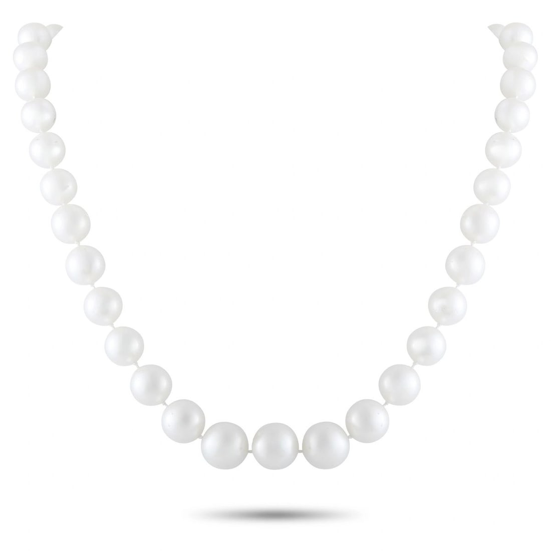 14K WHITE GOLD 1.50CT DIAMOND AND PEARL NECKLACE: This necklace is crafted in 14K white gold and features a strand of graduated cultured pearls ranging from approximately 9.5mm to 14.5mm in size. The strand is finished with a decorative pave-set diam