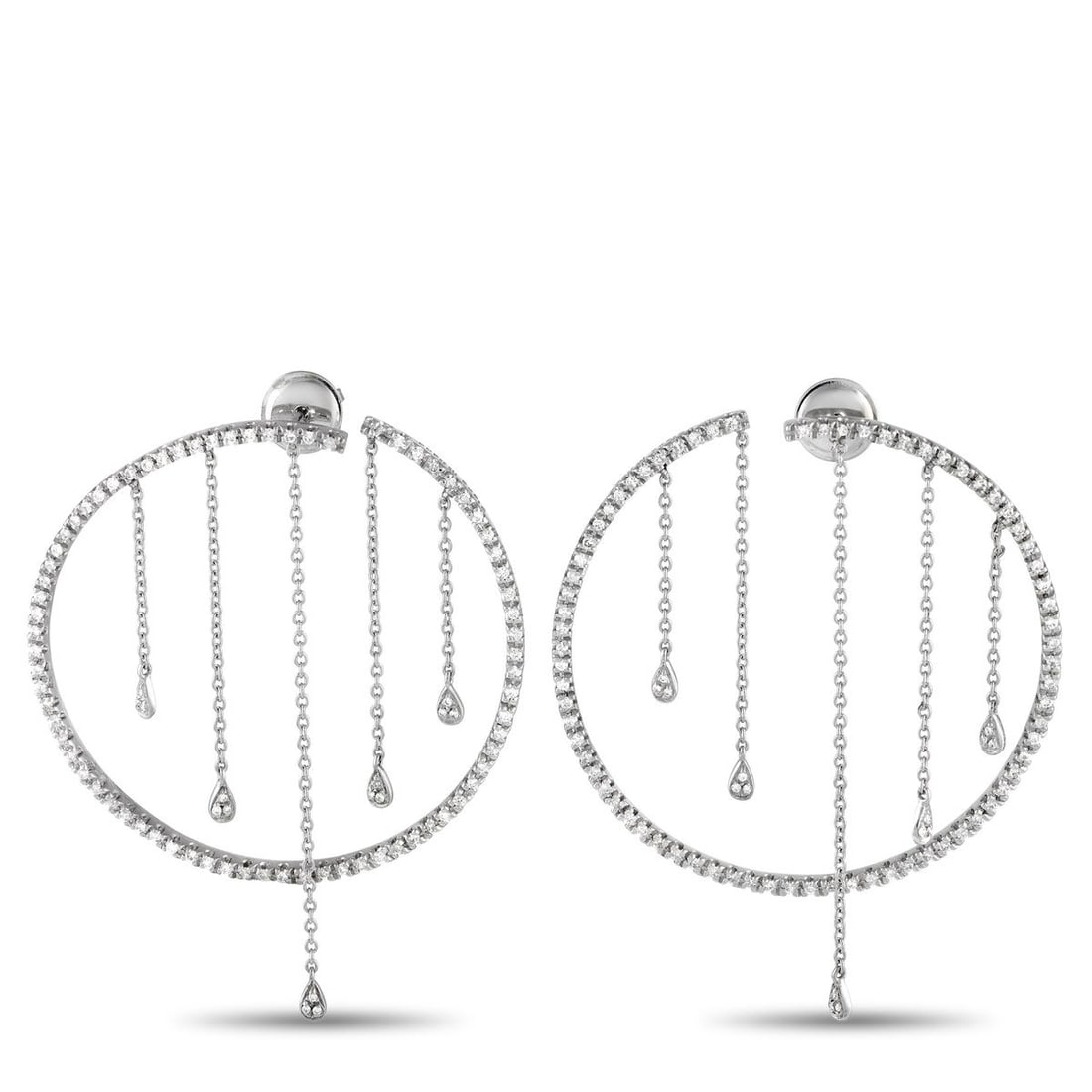 PIERO MILANO 18K WHITE GOLD 1.10CT DIAMOND EARRINGS: Make a sparkling statement by adding these Piero Milano to any ensemble. Crafted from 18K white gold, each one features a circular setting measuring 1.75 round. Dangling chains give them a surprising 