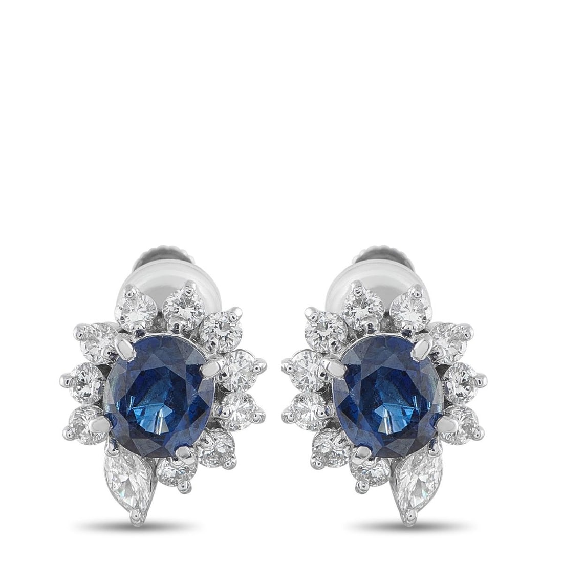 PLATINUM 0.89CT DIAMOND AND SAPPHIRE EARRINGS: These luxury earrings will never go out of style. Set in Platinum, Sapphires totaling 2.37 carats and Diamonds totaling 0.89 carats make them come alive every time they catch the light. Each earring m