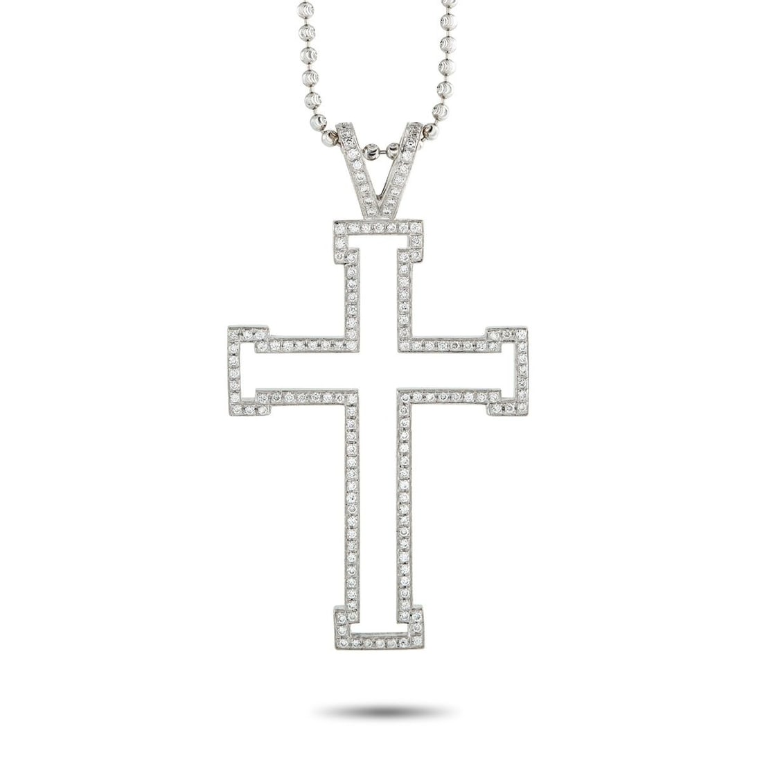 THEO FENNELL 18K WHITE GOLD 1.0CT DIAMOND CROSS PENDANT NECKLACE: This Theo Fennell necklace offers a bold take on a classic accessory. Crafted from 18K White Gold, and cross pendant measuring 2.35 long by 1.30 wide makes a statement at the center of a 26 ball chain