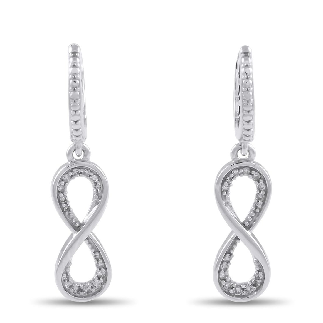 10K WHITE GOLD 0.13CT DIAMOND EARRINGS: A timeless infinity symbol dangles from a sleek hoop on these impeccably crafted earrings. Diamonds with a total weight of 0.13 carats add subtle sparkle to the overall design. Each one is made from 1