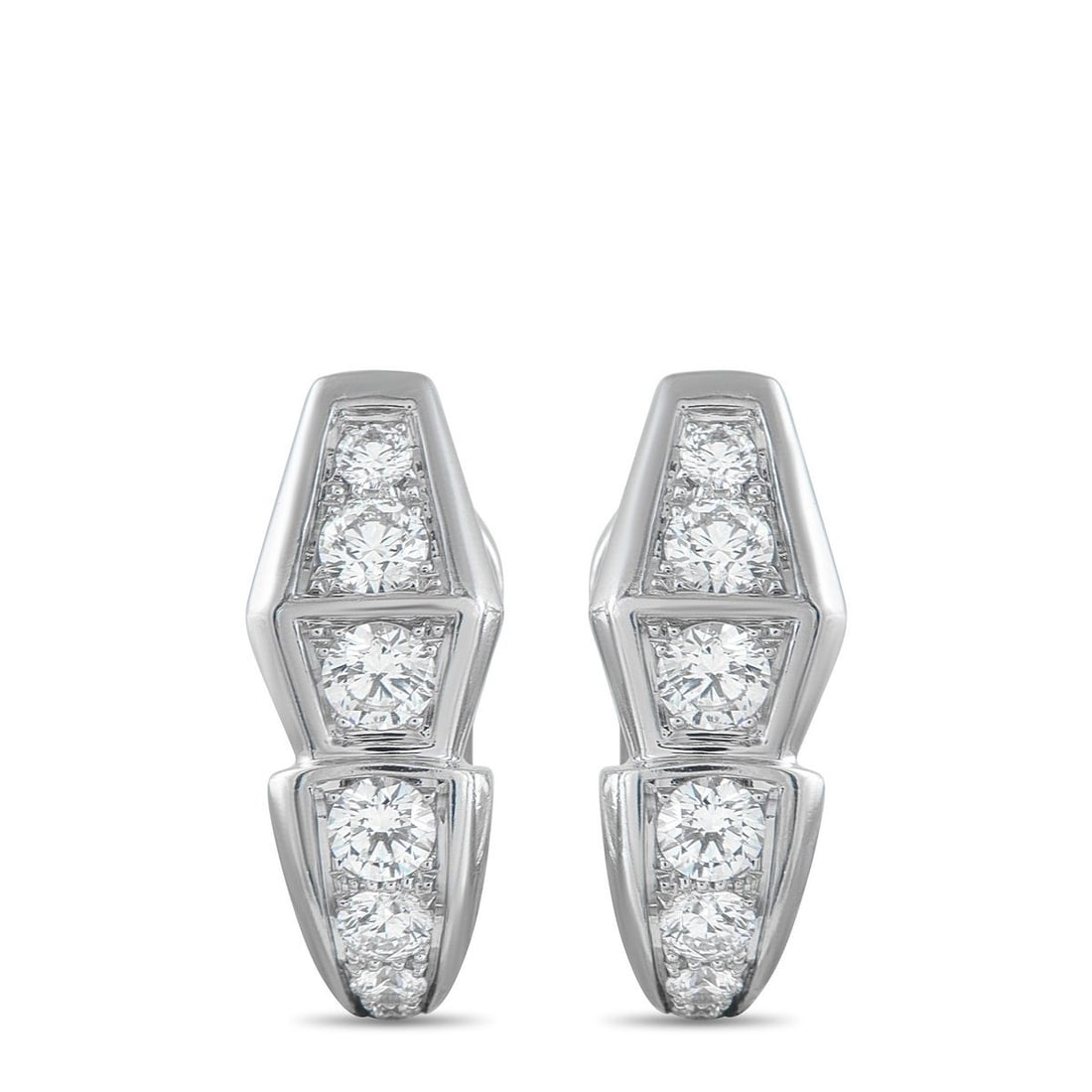 BVLGARI SERPENTI 18K WHITE GOLD 1.52CT DIAMOND EARRINGS: An abstract snakes head design makes these Bvlgari Serpenti earrings instantly alluring. Set in 18K White Gold, these iconic earrings shine brightly thanks to inset Diamonds with a total weight of 1.5
