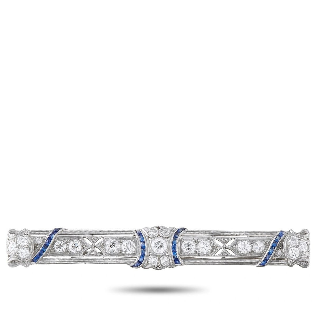 ANTIQUE ART DECO PLATINUM 1.2CT DIAMOND AND SAPPHIRE BAR PIN: This Art Deco bar pin features a row of old European and round-cut diamonds totaling approximately 1.2 carats, accented by diagonal channel-set sapphire bands, set in intricately milgrained and