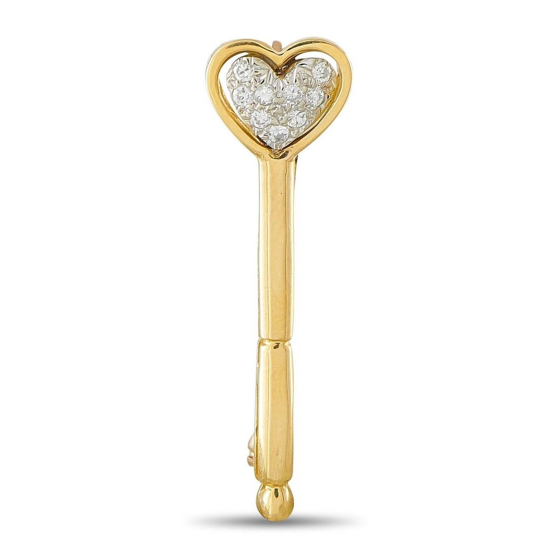 18K YELLOW GOLD 0.18CT DIAMOND BROOCH: This charming stick pin brooch is crafted in 18K yellow gold in the shape of a heart-topped key, set with pave round diamonds totaling approximately 0.18 carats. The piece weighs 3.5 grams and fastens